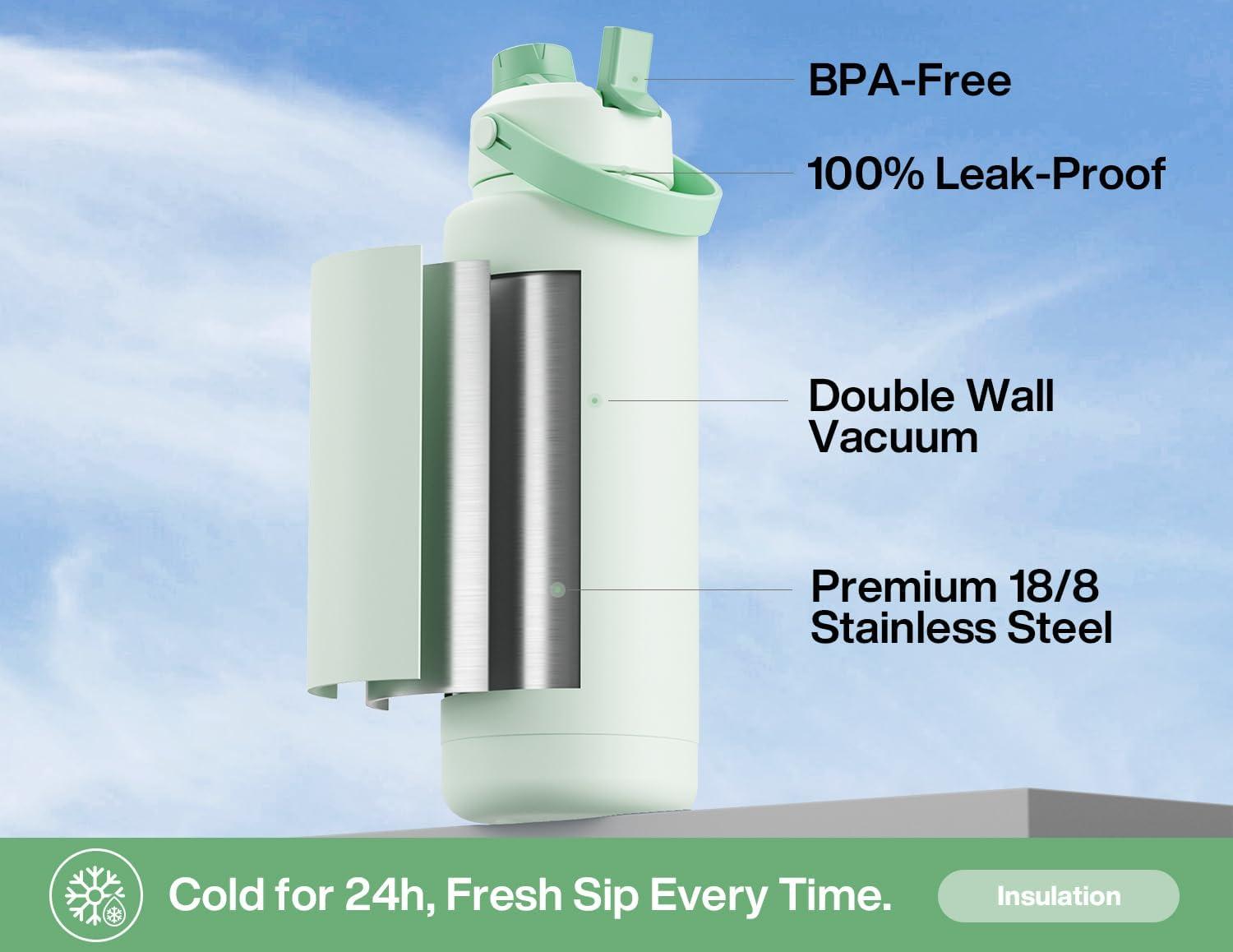 imagePOWCAN 40 oz Insulated Water Bottle with 2in1 Straw and Spout Lid Keep Cold 24H LeakProof BPAFree Double Wall Stainless Steel Water Bottle for Sports Gym Travel and School Be FreeMint