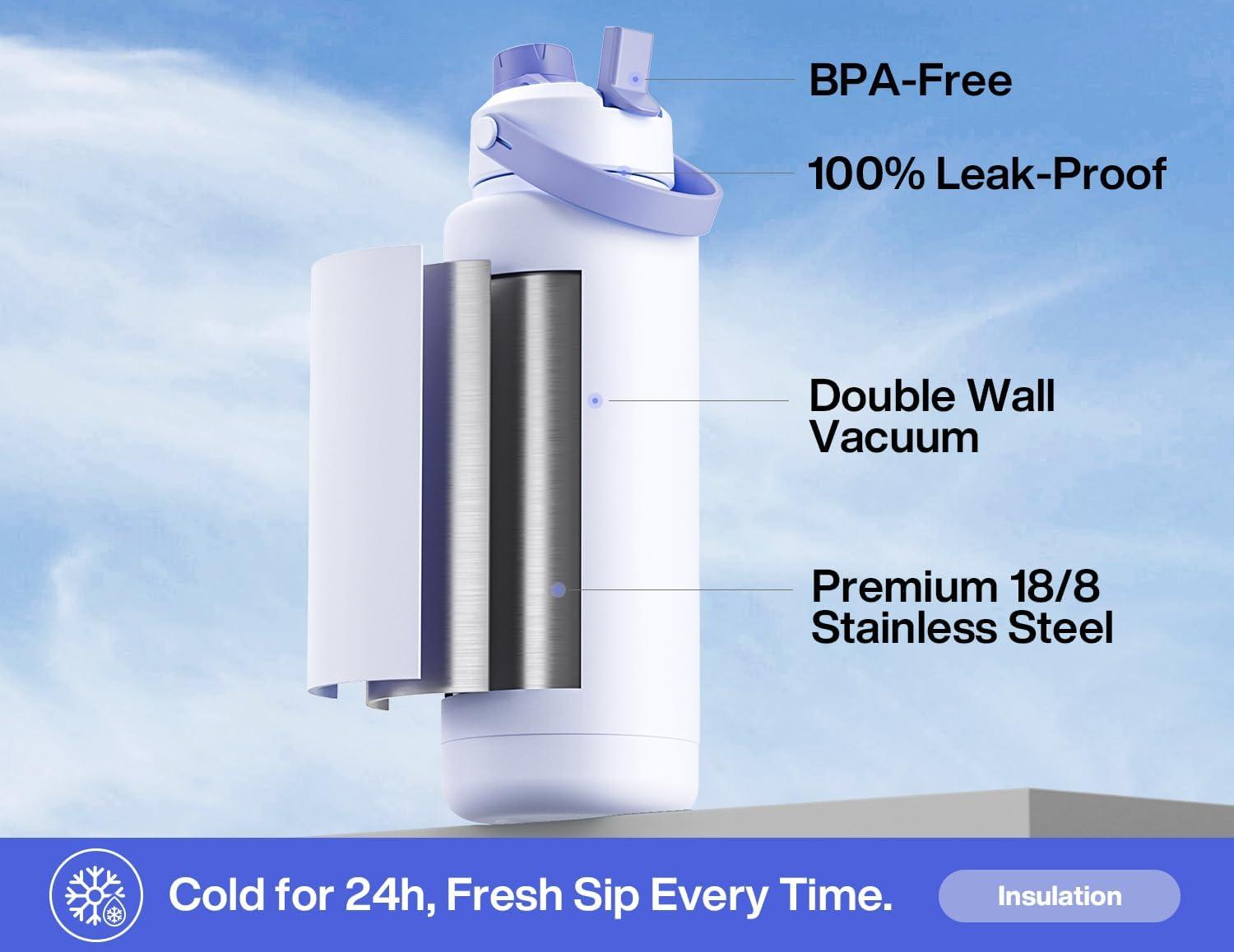 imagePOWCAN 40 oz Insulated Water Bottle with 2in1 Straw and Spout Lid Keep Cold 24H LeakProof BPAFree Double Wall Stainless Steel Water Bottle for Sports Gym Travel and School Be FreeLupine