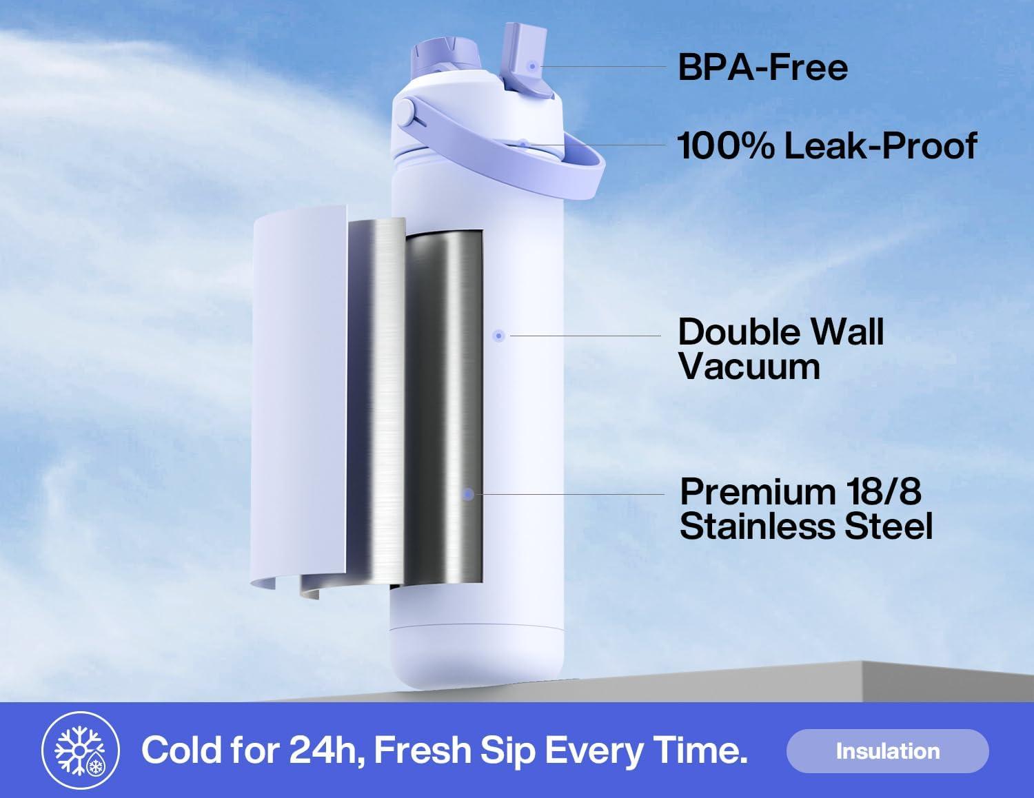 imagePOWCAN 40 oz Insulated Water Bottle with 2in1 Straw and Spout Lid Keep Cold 24H LeakProof BPAFree Double Wall Stainless Steel Water Bottle for Sports Gym Travel and School Be FreeLupine