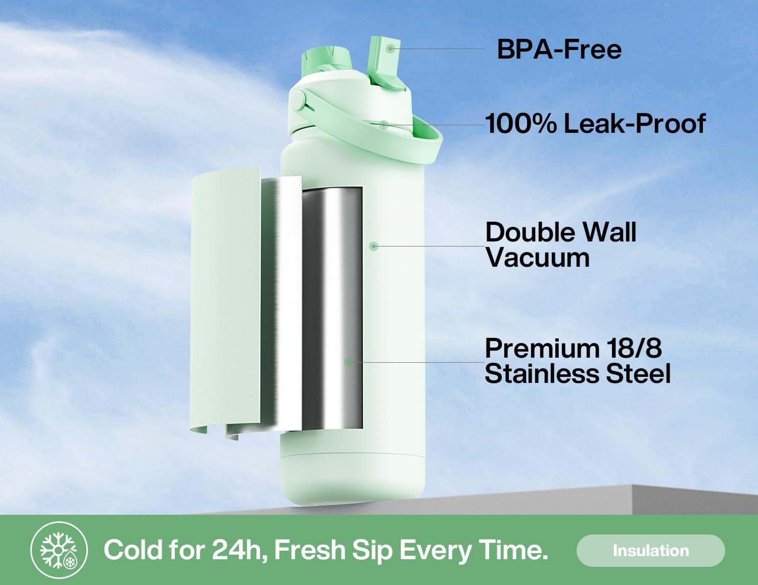 imagePOWCAN 40 oz Insulated Water Bottle with 2in1 Straw and Spout Lid Keep Cold 24H LeakProof BPAFree Double Wall Stainless Steel Water Bottle for Sports Gym Travel and School Be FreeMint