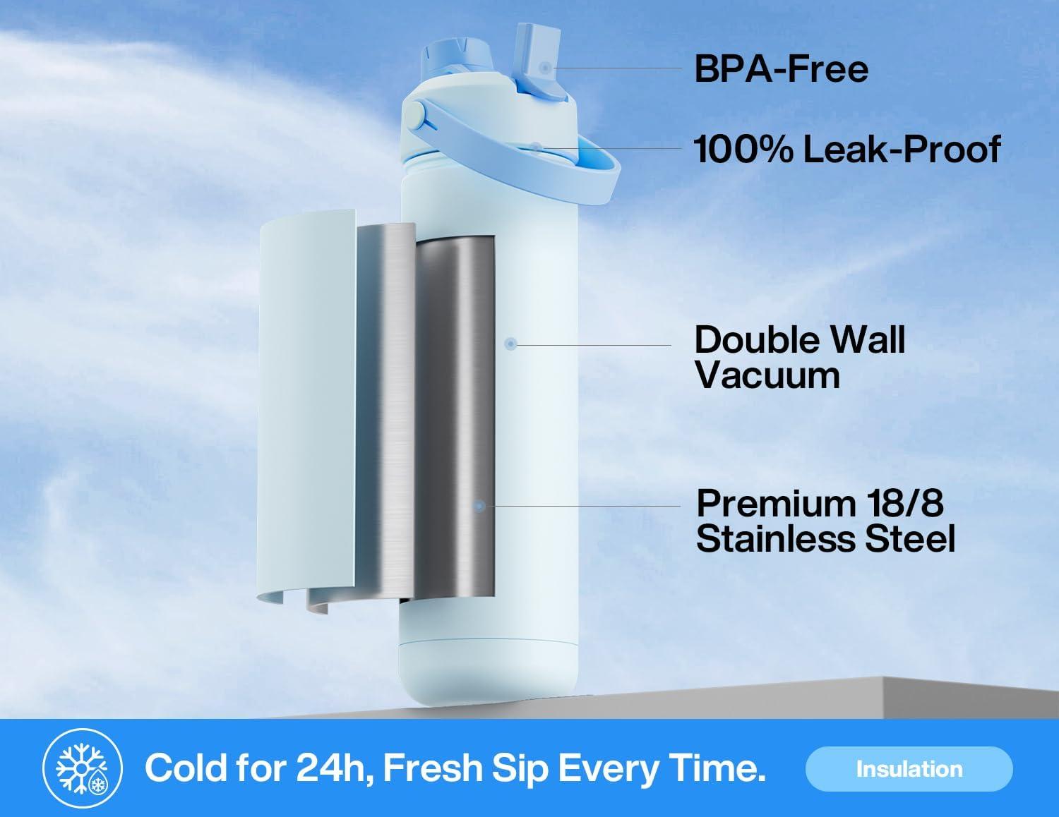 imagePOWCAN 40 oz Insulated Water Bottle with 2in1 Straw and Spout Lid Keep Cold 24H LeakProof BPAFree Double Wall Stainless Steel Water Bottle for Sports Gym Travel and School Be FreeTidal Echo