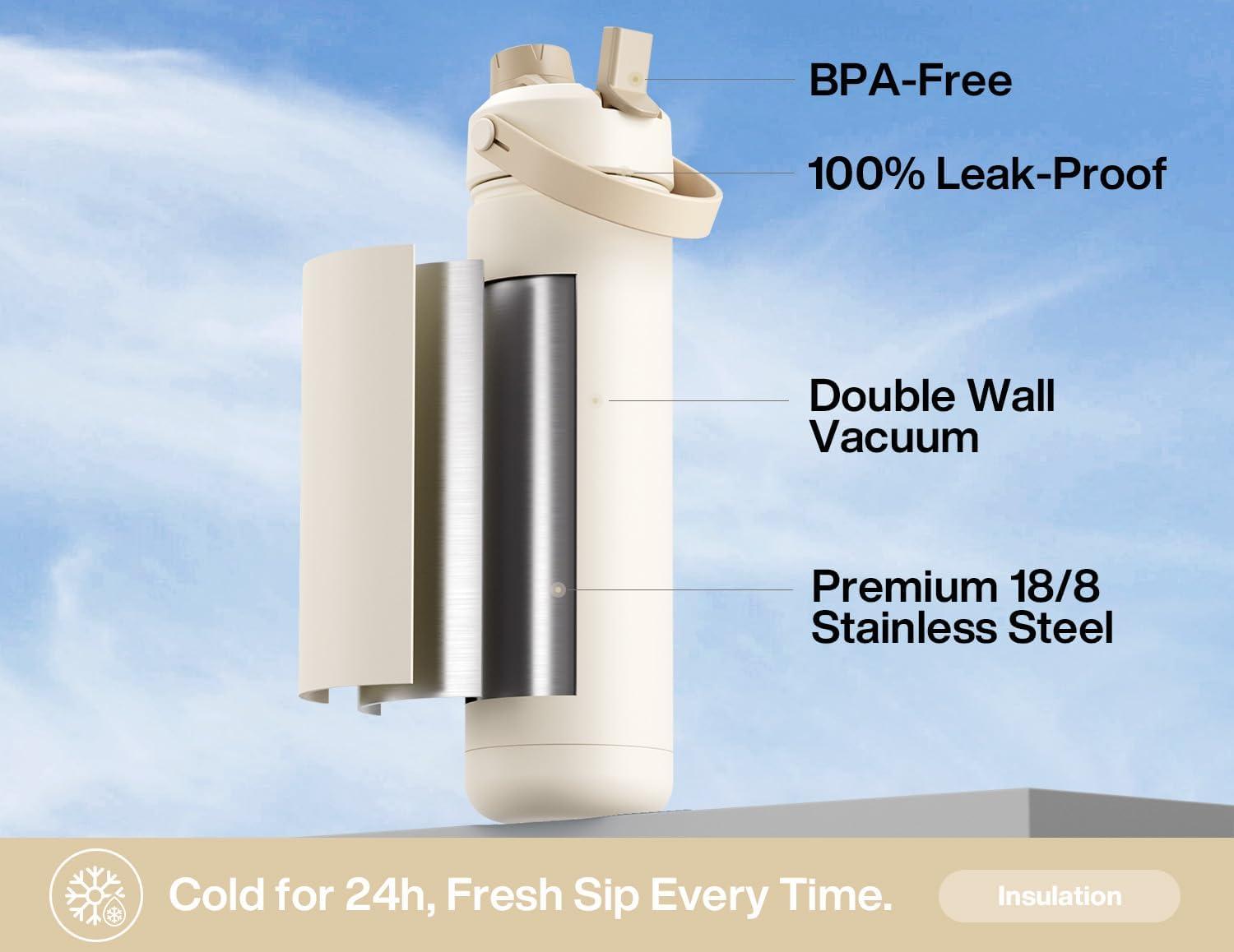 imagePOWCAN 40 oz Insulated Water Bottle with 2in1 Straw and Spout Lid Keep Cold 24H LeakProof BPAFree Double Wall Stainless Steel Water Bottle for Sports Gym Travel and School Be FreeMushie Muse