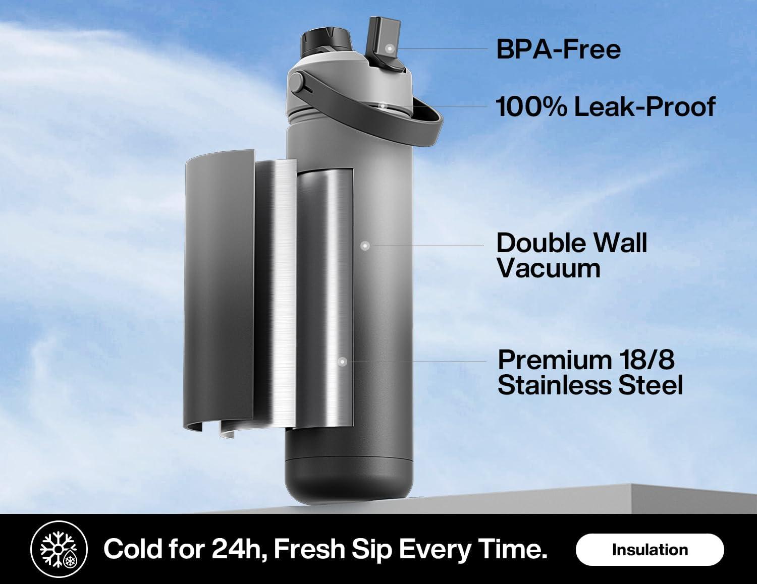 imagePOWCAN 40 oz Insulated Water Bottle with 2in1 Straw and Spout Lid Keep Cold 24H LeakProof BPAFree Double Wall Stainless Steel Water Bottle for Sports Gym Travel and School Be FreeObsidian