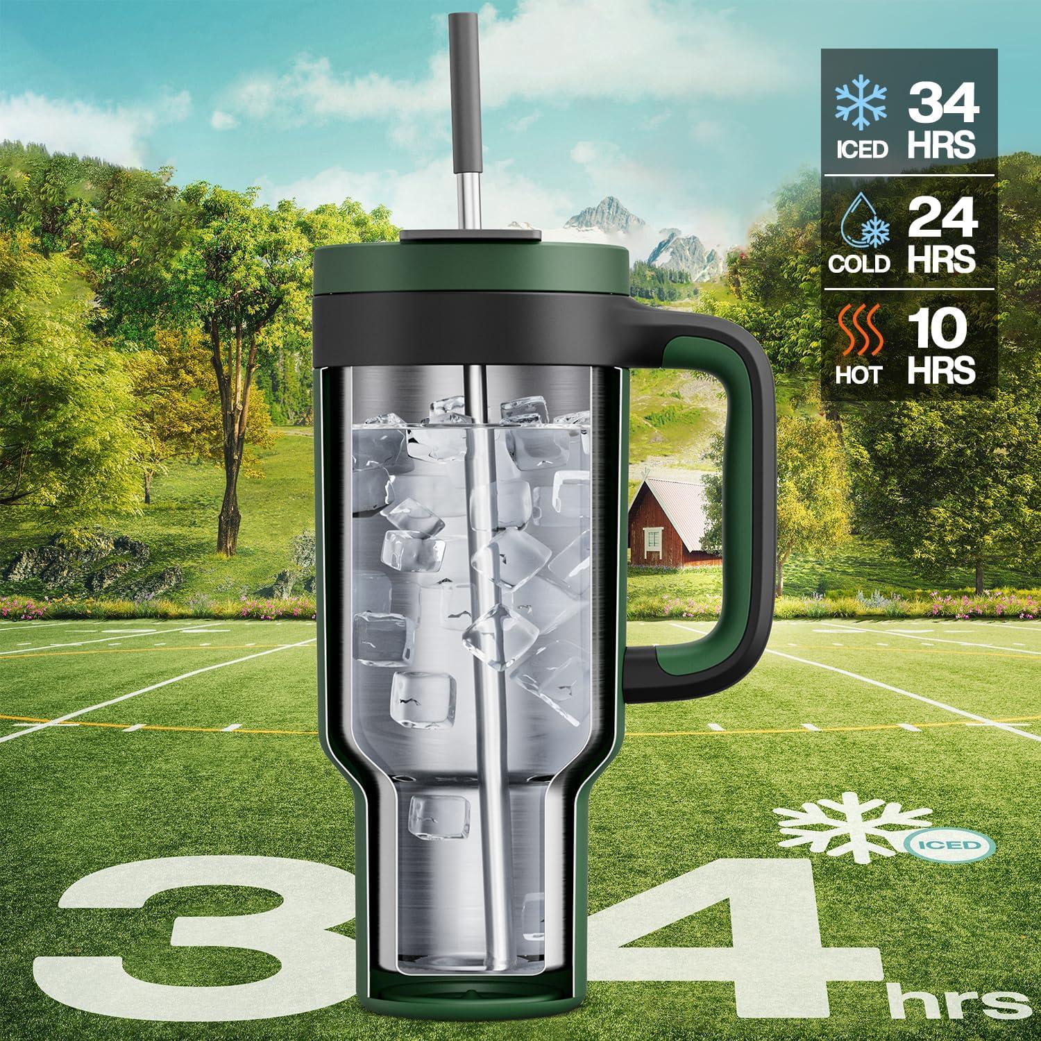 imagePOWCAN 40 oz Tumbler with Handle 2 Pack 2in1 Straw ampamp Sip Lid Leakproof Dishwasher Safe Insulated Stainless Steel Coffee Mug Keeps Cold for 34 Hours Fits in Car Cup HolderForest ampamp Glacier