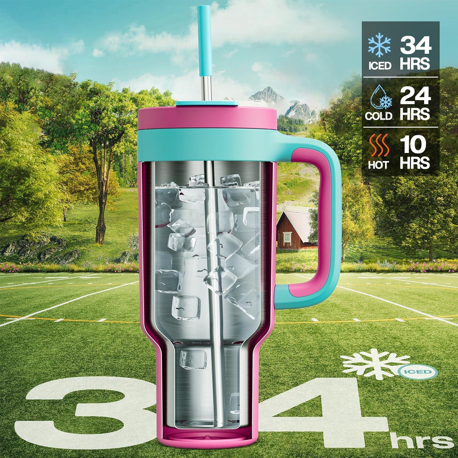 imagePOWCAN 40 oz Tumbler with Handle 2 Pack 2in1 Straw ampamp Sip Lid Leakproof Dishwasher Safe Insulated Stainless Steel Coffee Mug Keeps Cold for 34 Hours Fits in Car Cup HolderMight ampamp Barbie