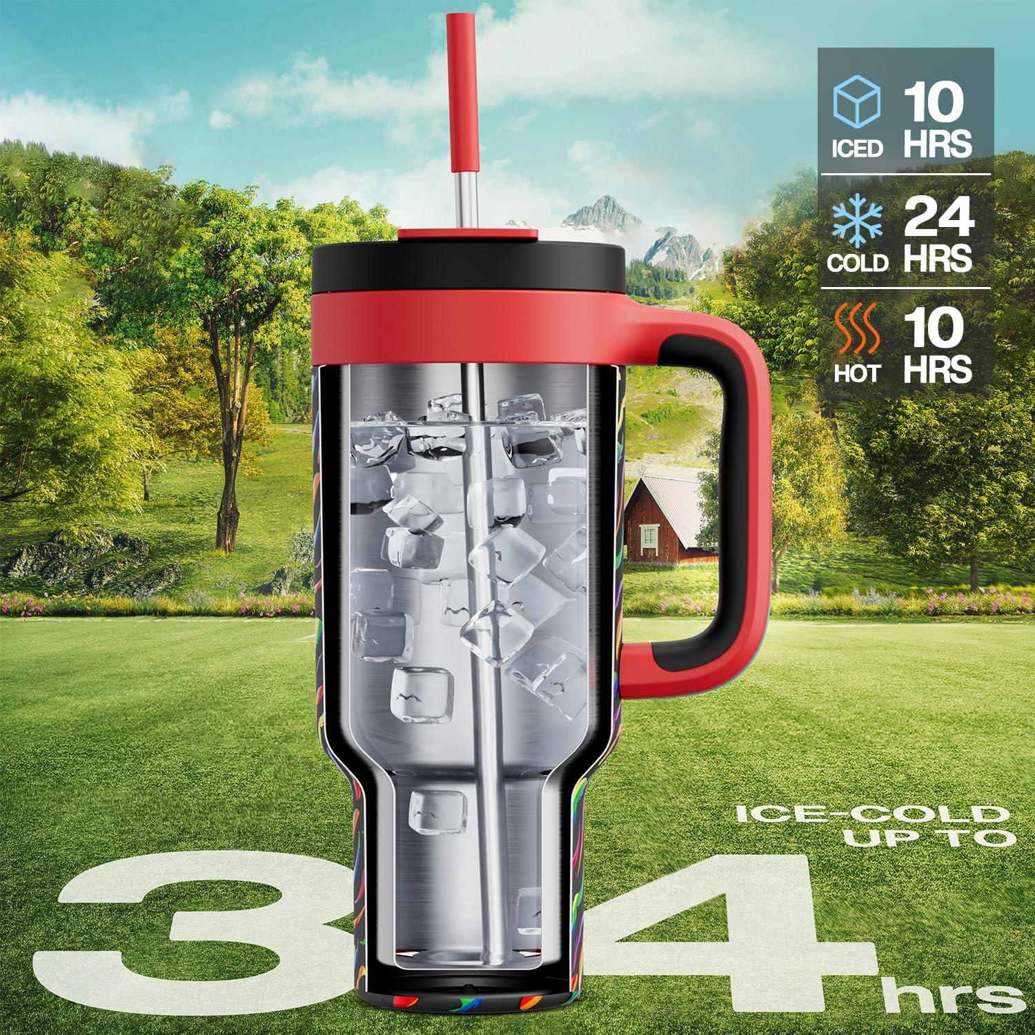 imagePOWCAN 40 oz Tumbler with Handle 2in1 Straw and Sip Lid Leakproof Dishwasher Safe Insulated Stainless Steel Travel Coffee Mug Keeps Cold for 34 Hours Fits in Car Cup Holder AgaveRainbow Whiskers