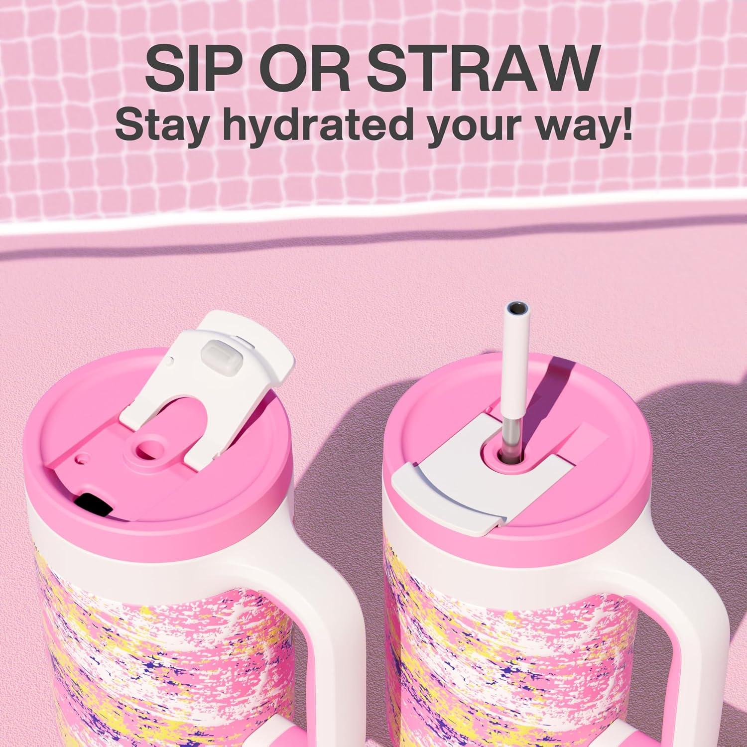 imagePOWCAN 40 oz Tumbler with Handle 2in1 Straw and Sip Lid Leakproof Dishwasher Safe Insulated Stainless Steel Travel Coffee Mug Keeps Cold for 34 Hours Fits in Car Cup Holder AgavePink Ladies