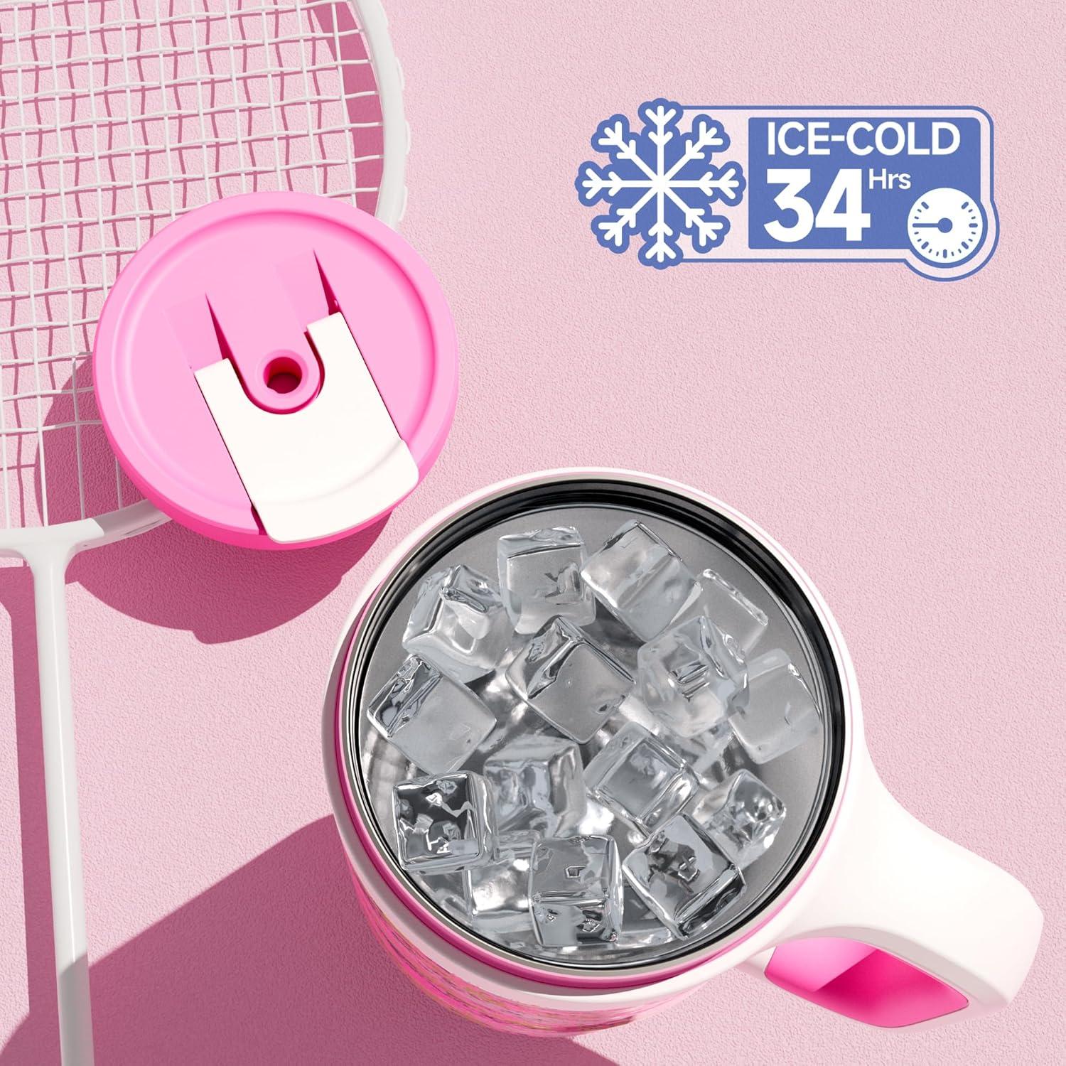 imagePOWCAN 40 oz Tumbler with Handle 2in1 Straw and Sip Lid Leakproof Dishwasher Safe Insulated Stainless Steel Travel Coffee Mug Keeps Cold for 34 Hours Fits in Car Cup Holder AgavePink Ladies