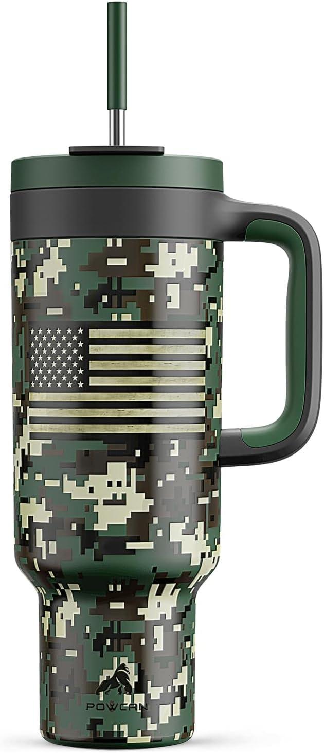 imagePOWCAN 40 oz Tumbler with Handle 2in1 Straw and Sip Lid Leakproof Dishwasher Safe Insulated Stainless Steel Travel Coffee Mug Keeps Cold for 34 Hours Fits in Car Cup Holder AgaveWoodland Flag
