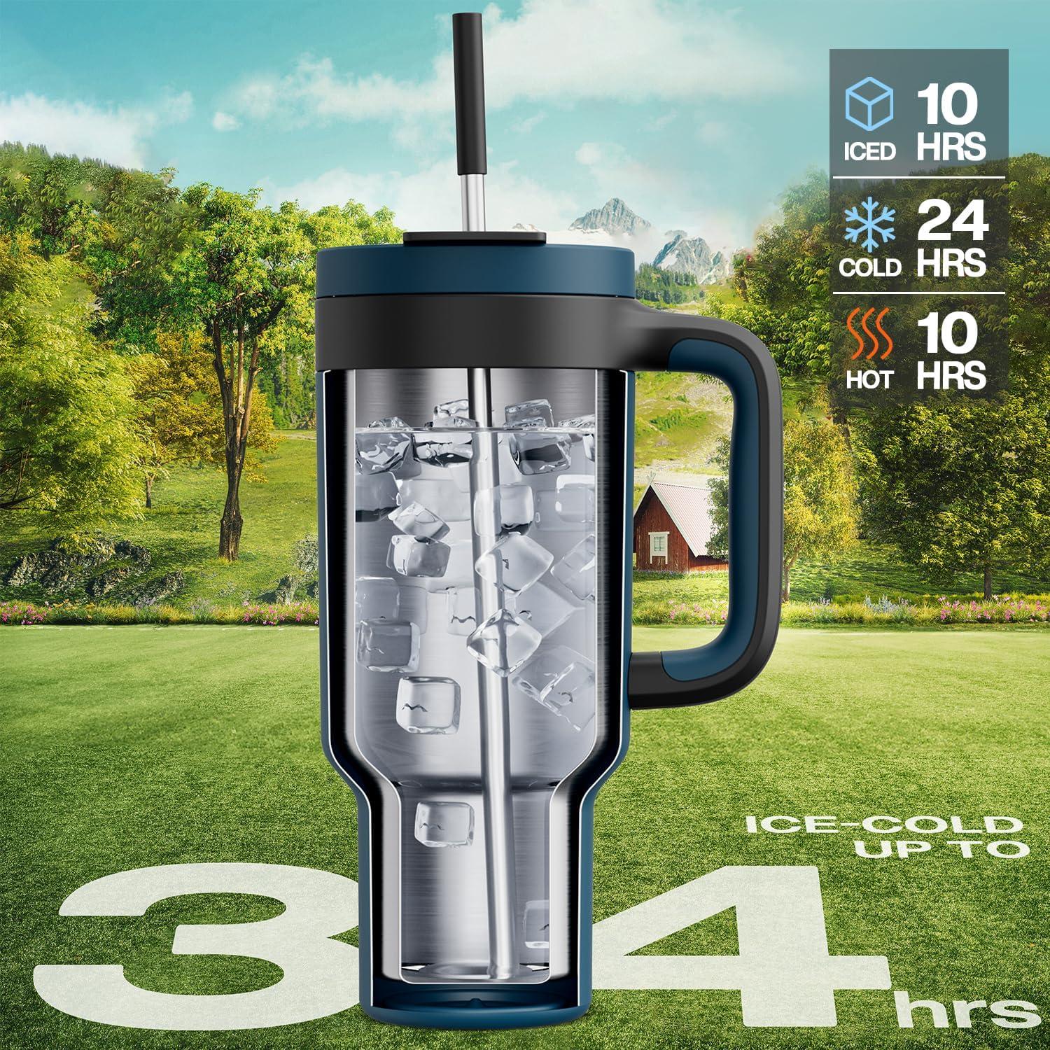 imagePOWCAN 40 oz Tumbler with Handle 2in1 Straw and Sip Lid Leakproof Dishwasher Safe Insulated Stainless Steel Travel Coffee Mug Keeps Cold for 34 Hours Fits in Car Cup Holder AgaveDeepsea