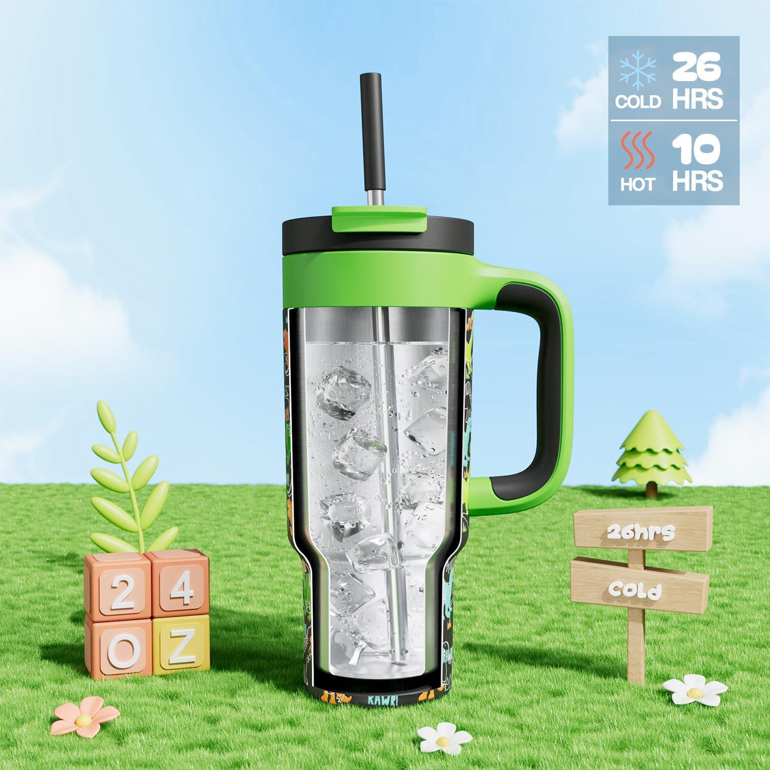 imagePOWCAN 40 oz Tumbler with Handle 2in1 Straw and Sip Lid Leakproof Dishwasher Safe Insulated Stainless Steel Travel Coffee Mug Keeps Cold for 34 Hours Fits in Car Cup Holder AgaveDino Rawr
