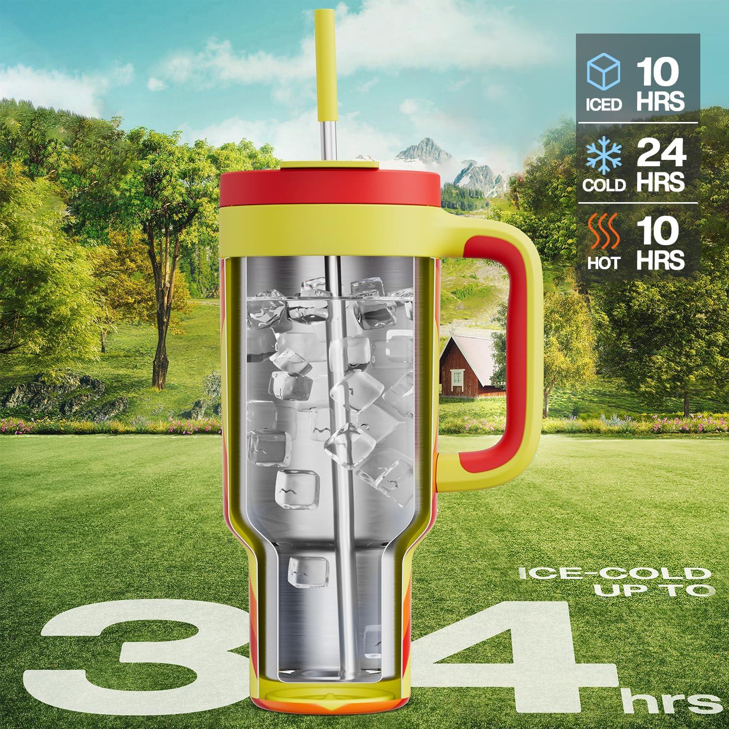 imagePOWCAN 40 oz Tumbler with Handle 2in1 Straw and Sip Lid Leakproof Dishwasher Safe Insulated Stainless Steel Travel Coffee Mug Keeps Cold for 34 Hours Fits in Car Cup Holder AgaveFiery Love
