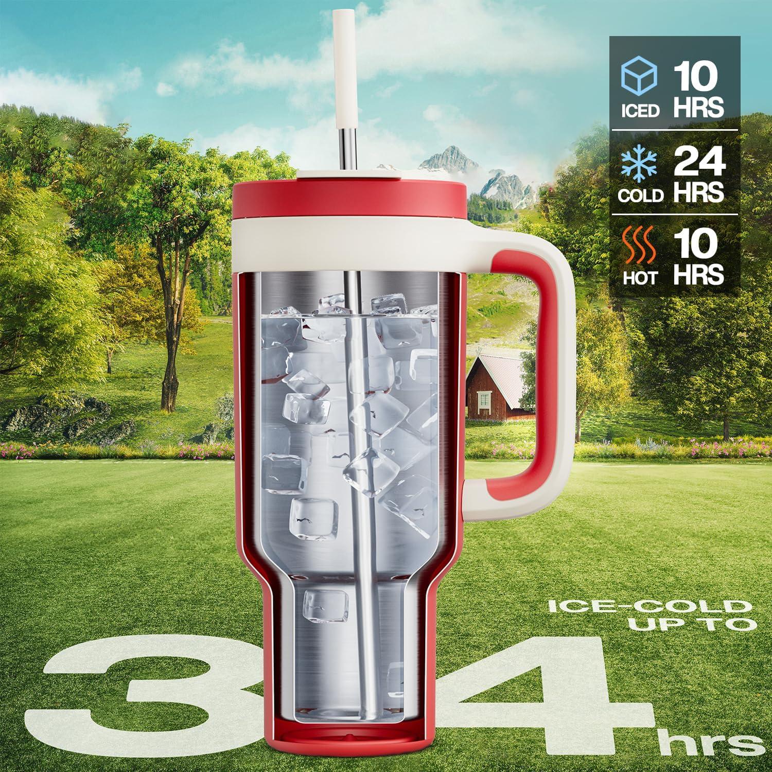 imagePOWCAN 40 oz Tumbler with Handle 2in1 Straw and Sip Lid Leakproof Dishwasher Safe Insulated Stainless Steel Travel Coffee Mug Keeps Cold for 34 Hours Fits in Car Cup Holder AgavePassion