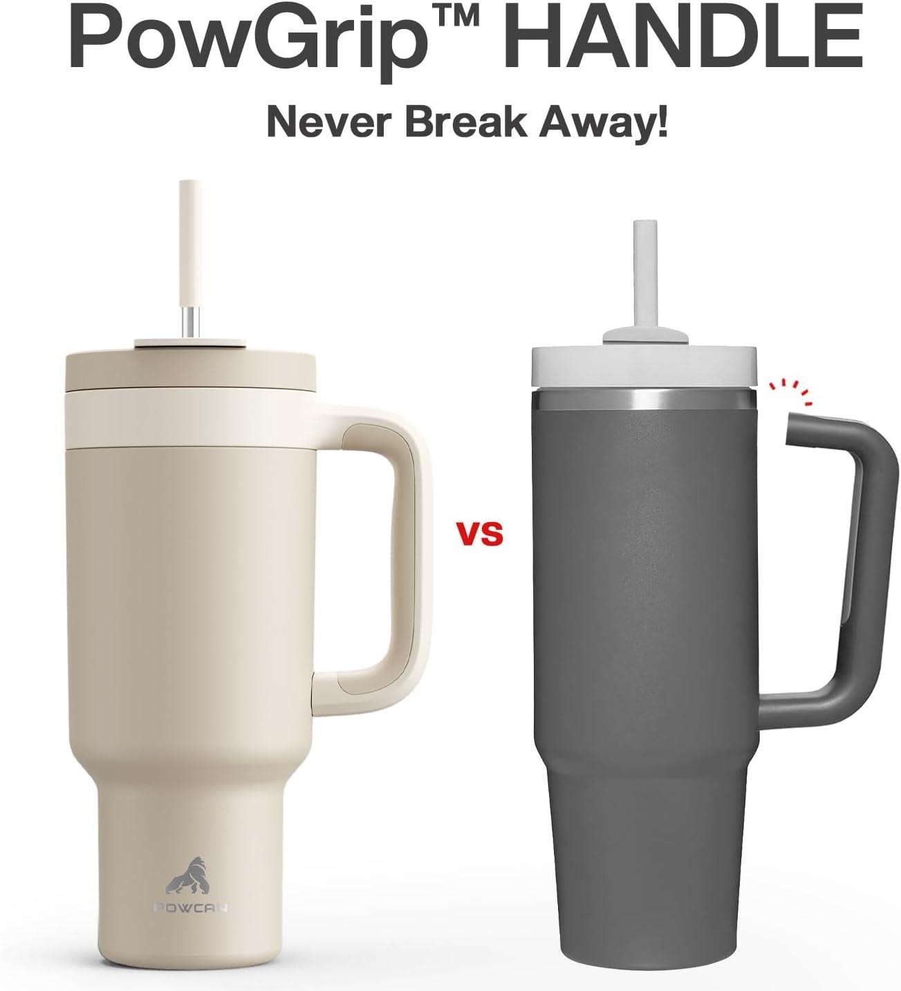 imagePOWCAN 40 oz Tumbler with Handle 2in1 Straw and Sip Lid Leakproof Dishwasher Safe Insulated Stainless Steel Travel Coffee Mug Keeps Cold for 34 Hours Fits in Car Cup Holder AgaveOat