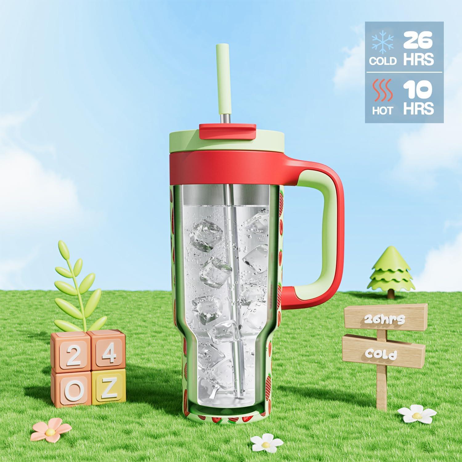 imagePOWCAN 40 oz Tumbler with Handle 2in1 Straw and Sip Lid Leakproof Dishwasher Safe Insulated Stainless Steel Travel Coffee Mug Keeps Cold for 34 Hours Fits in Car Cup Holder AgaveStrawberry Pop