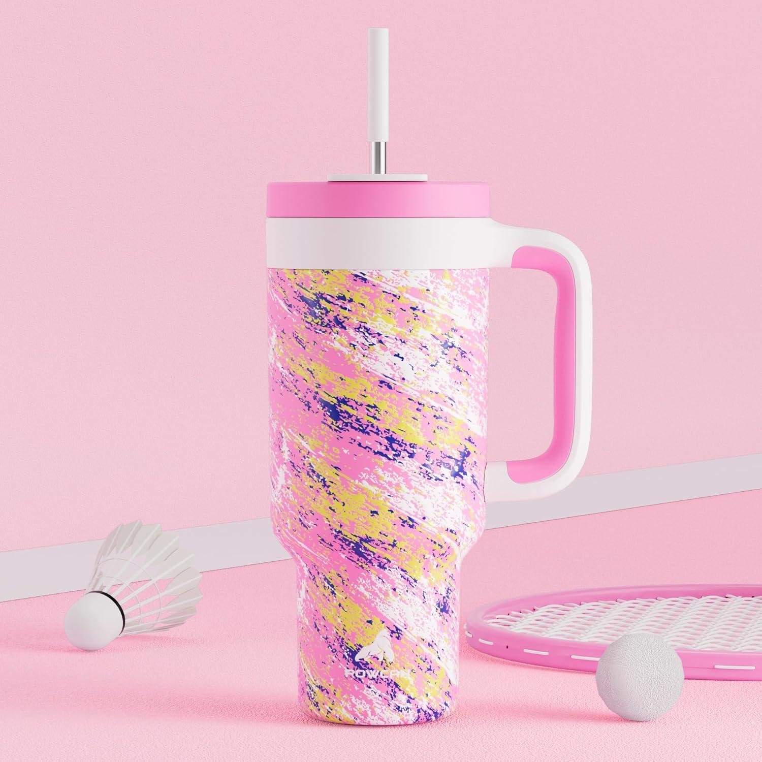 imagePOWCAN 40 oz Tumbler with Handle 2in1 Straw and Sip Lid Leakproof Dishwasher Safe Insulated Stainless Steel Travel Coffee Mug Keeps Cold for 34 Hours Fits in Car Cup Holder AgavePink Ladies