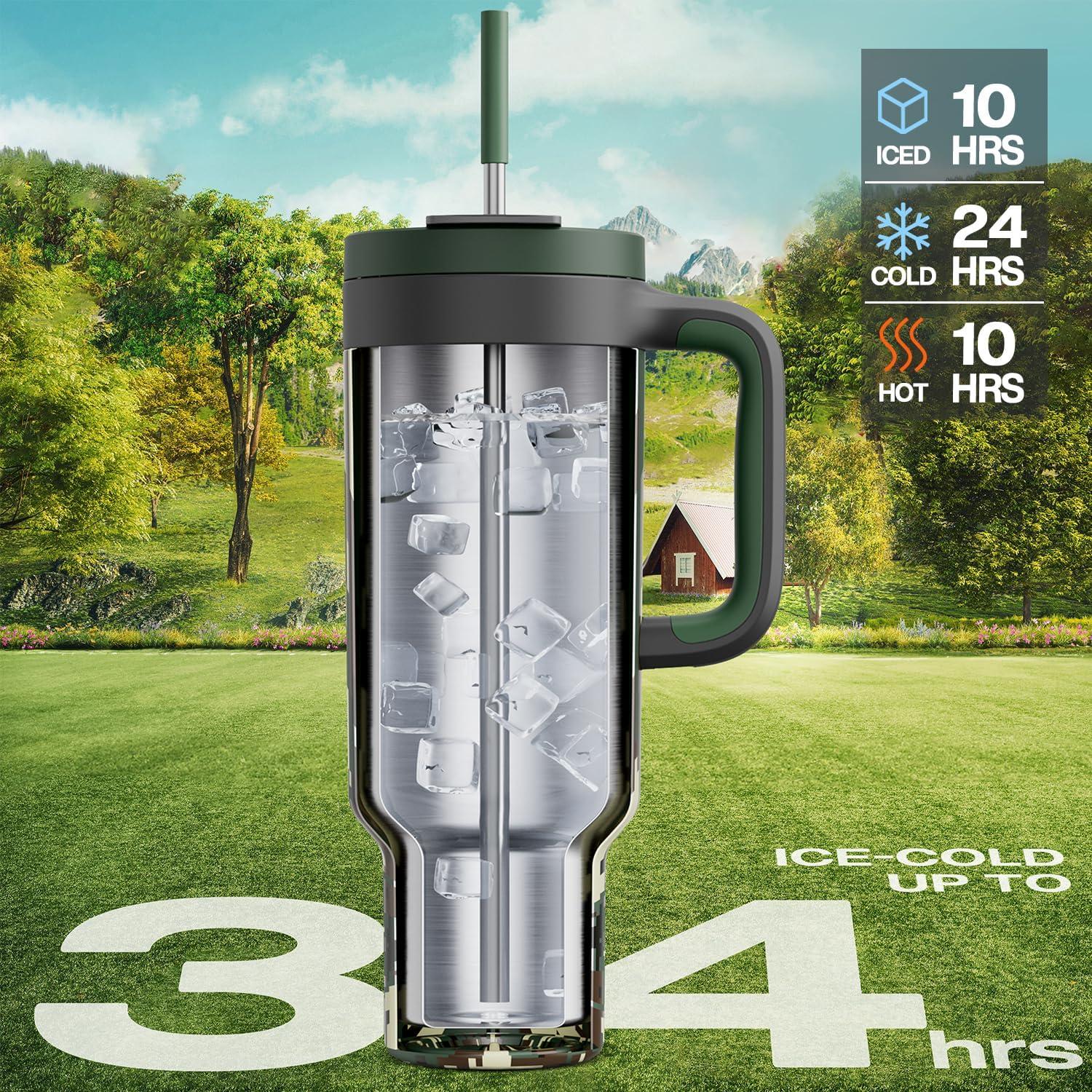 imagePOWCAN 40 oz Tumbler with Handle 2in1 Straw and Sip Lid Leakproof Dishwasher Safe Insulated Stainless Steel Travel Coffee Mug Keeps Cold for 34 Hours Fits in Car Cup Holder AgaveWoodland Flag