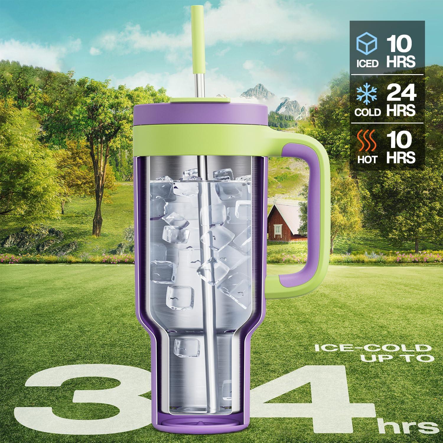 imagePOWCAN 40 oz Tumbler with Handle 2in1 Straw and Sip Lid Leakproof Dishwasher Safe Insulated Stainless Steel Travel Coffee Mug Keeps Cold for 34 Hours Fits in Car Cup Holder AgaveWisteria