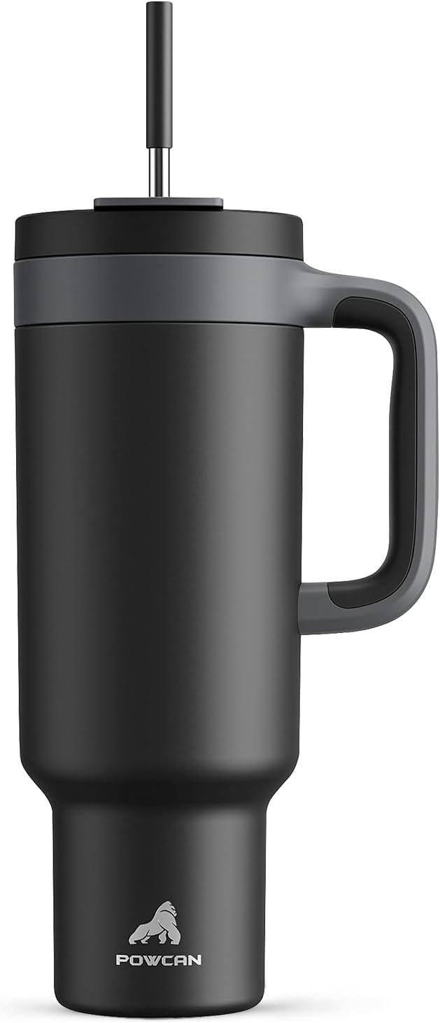 imagePOWCAN 40 oz Tumbler with Handle 2in1 Straw and Sip Lid Leakproof Dishwasher Safe Insulated Stainless Steel Travel Coffee Mug Keeps Cold for 34 Hours Fits in Car Cup Holder AgaveMidnight