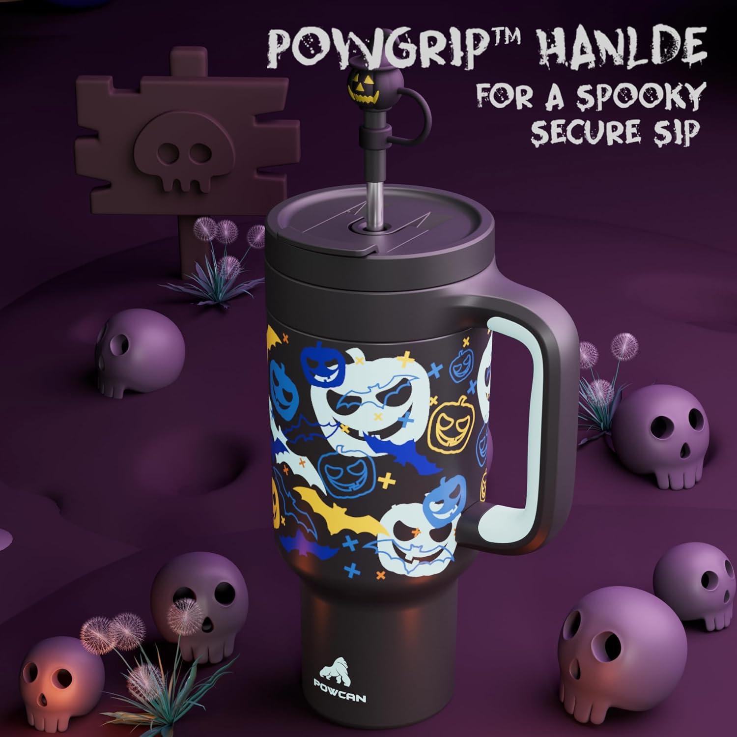 imagePOWCAN 40oz Halloween Tumbler with Handle GlowintheDark 2in1 Straw Lid Leakproof Insulated Stainless Steel Travel Coffee Mug Keeps Cold for 34 Hours Fits in Car Cup Holder Glowing Pumpkin