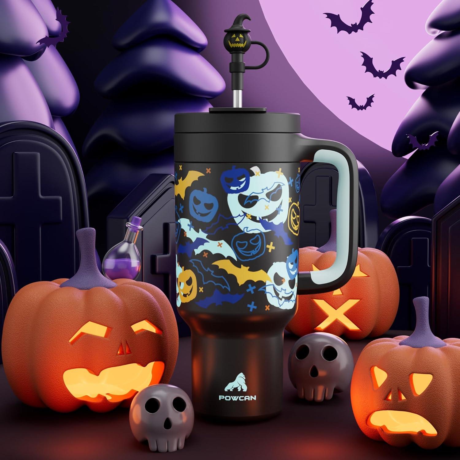 imagePOWCAN 40oz Halloween Tumbler with Handle GlowintheDark 2in1 Straw Lid Leakproof Insulated Stainless Steel Travel Coffee Mug Keeps Cold for 34 Hours Fits in Car Cup Holder Glowing Pumpkin