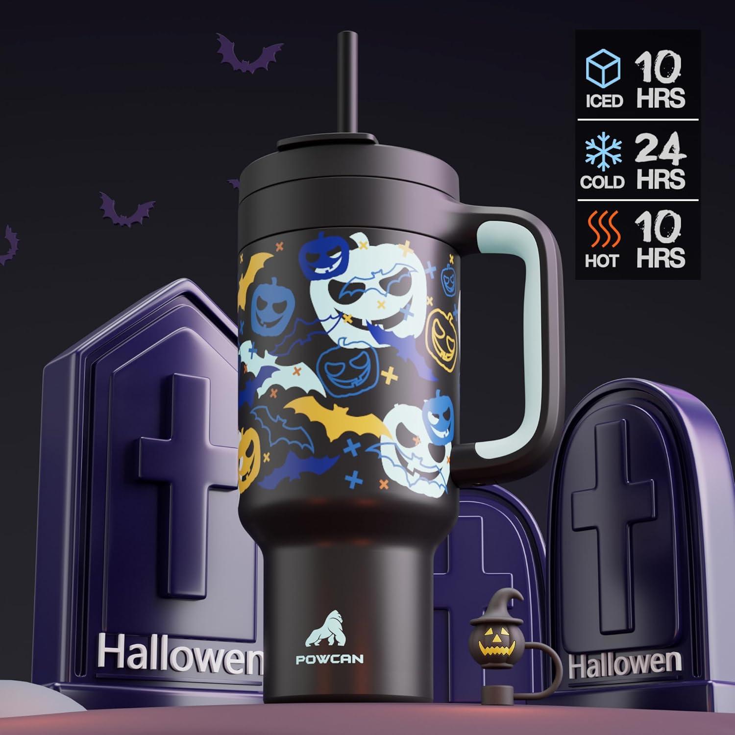 imagePOWCAN 40oz Halloween Tumbler with Handle GlowintheDark 2in1 Straw Lid Leakproof Insulated Stainless Steel Travel Coffee Mug Keeps Cold for 34 Hours Fits in Car Cup Holder Glowing Pumpkin