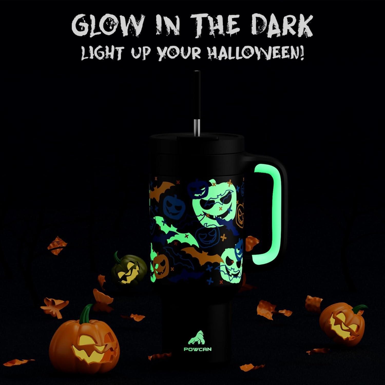 imagePOWCAN 40oz Halloween Tumbler with Handle GlowintheDark 2in1 Straw Lid Leakproof Insulated Stainless Steel Travel Coffee Mug Keeps Cold for 34 Hours Fits in Car Cup Holder Glowing Pumpkin