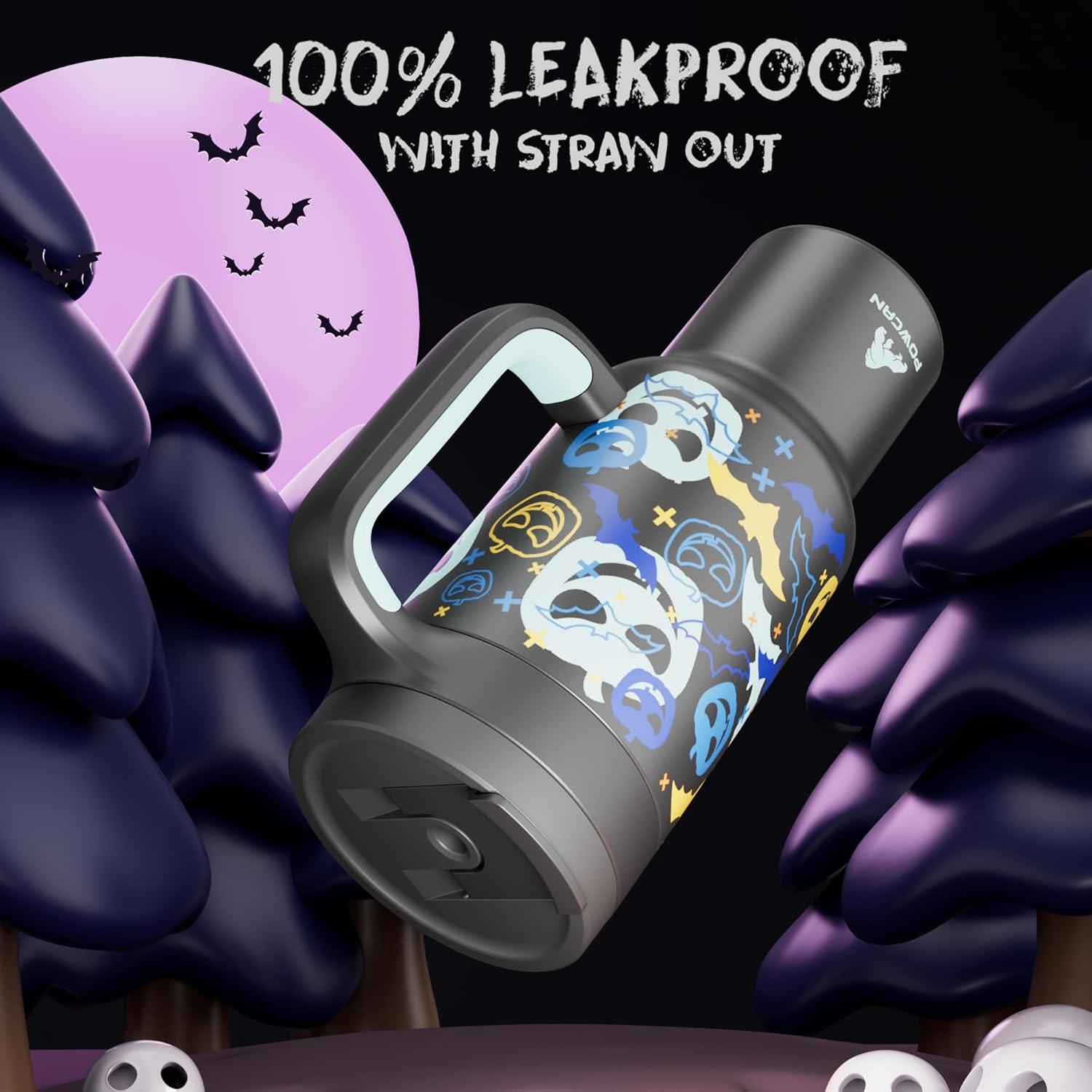 imagePOWCAN 40oz Halloween Tumbler with Handle GlowintheDark 2in1 Straw Lid Leakproof Insulated Stainless Steel Travel Coffee Mug Keeps Cold for 34 Hours Fits in Car Cup Holder Glowing Pumpkin
