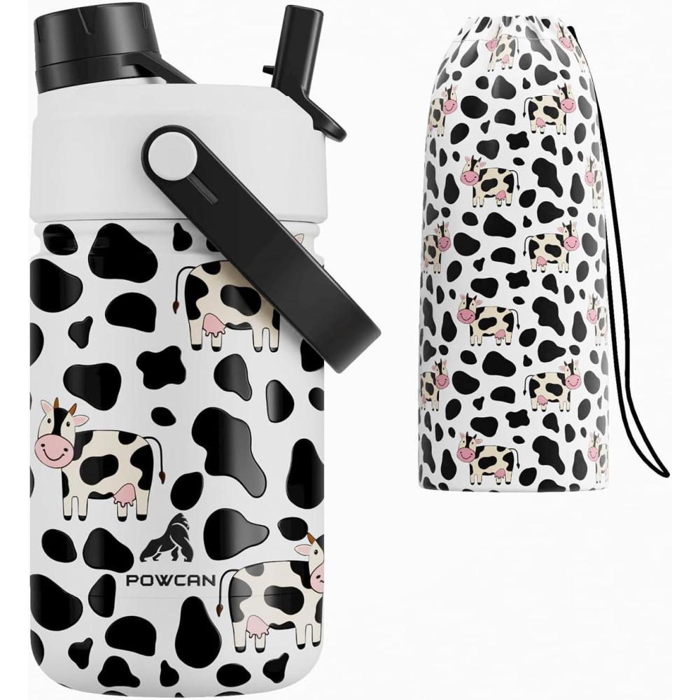 image12 oz Halloween Kids Insulated Water Bottle 2in1 Straw Spout Lid Leakproof BPAFree Keep Cold 24H Stainless Steel Cup for Party School Travel Holiday Gift for Girls Daughters Cotton BooMoo Moo Cow with Carrier Bag