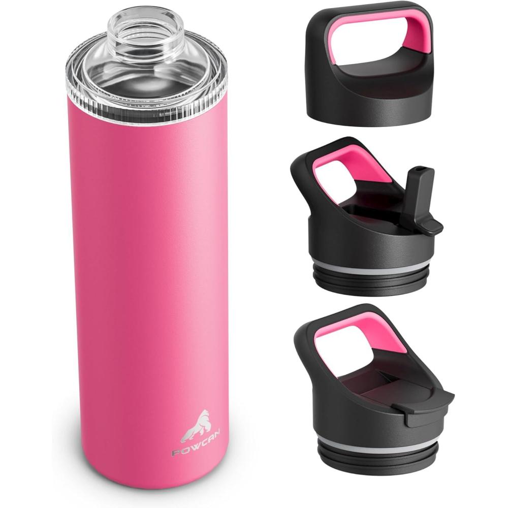 image24 oz Insulated Water Bottle for Sports 3 Lids Leakproof Keep Cold 24H Car Cupholder Friendly Stainless Steel Water Flask with Straw and Spout Caps for Gym School Work Cycling Midnight BlackTropical Pink