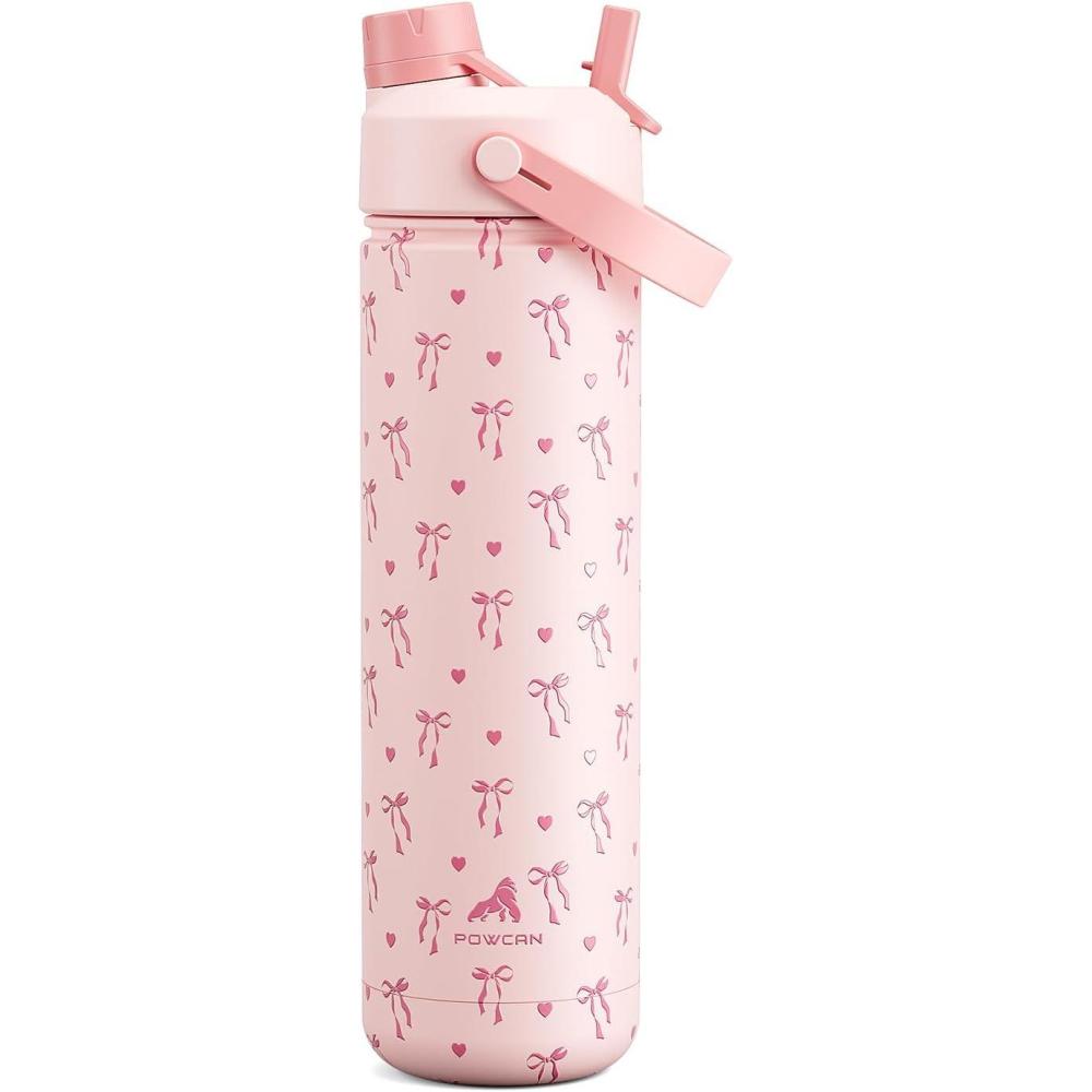 imagePOWCAN 26 oz Insulated Water Bottle with 2in1 Straw and Spout Lid Keep Cold 24H LeakProof Fits in Car Cup Holder Stainless Steel Water Bottle for Sports Travel and School Cotton CandySweetheart Bow