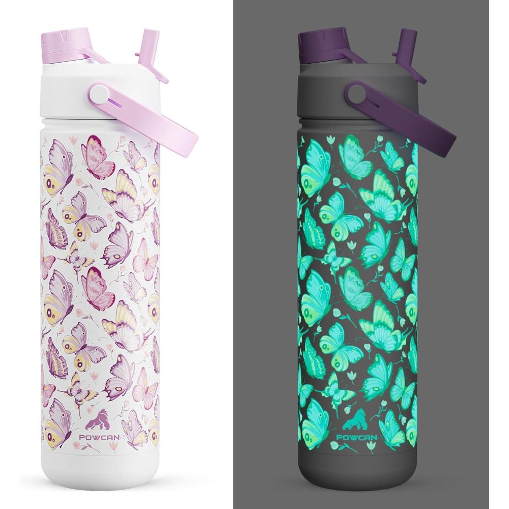 imagePOWCAN 26 oz Insulated Water Bottle with 2in1 Straw and Spout Lid Keep Cold 24H LeakProof Fits in Car Cup Holder Stainless Steel Water Bottle for Sports Travel and School Cotton CandyLuminous Flutter Luminous