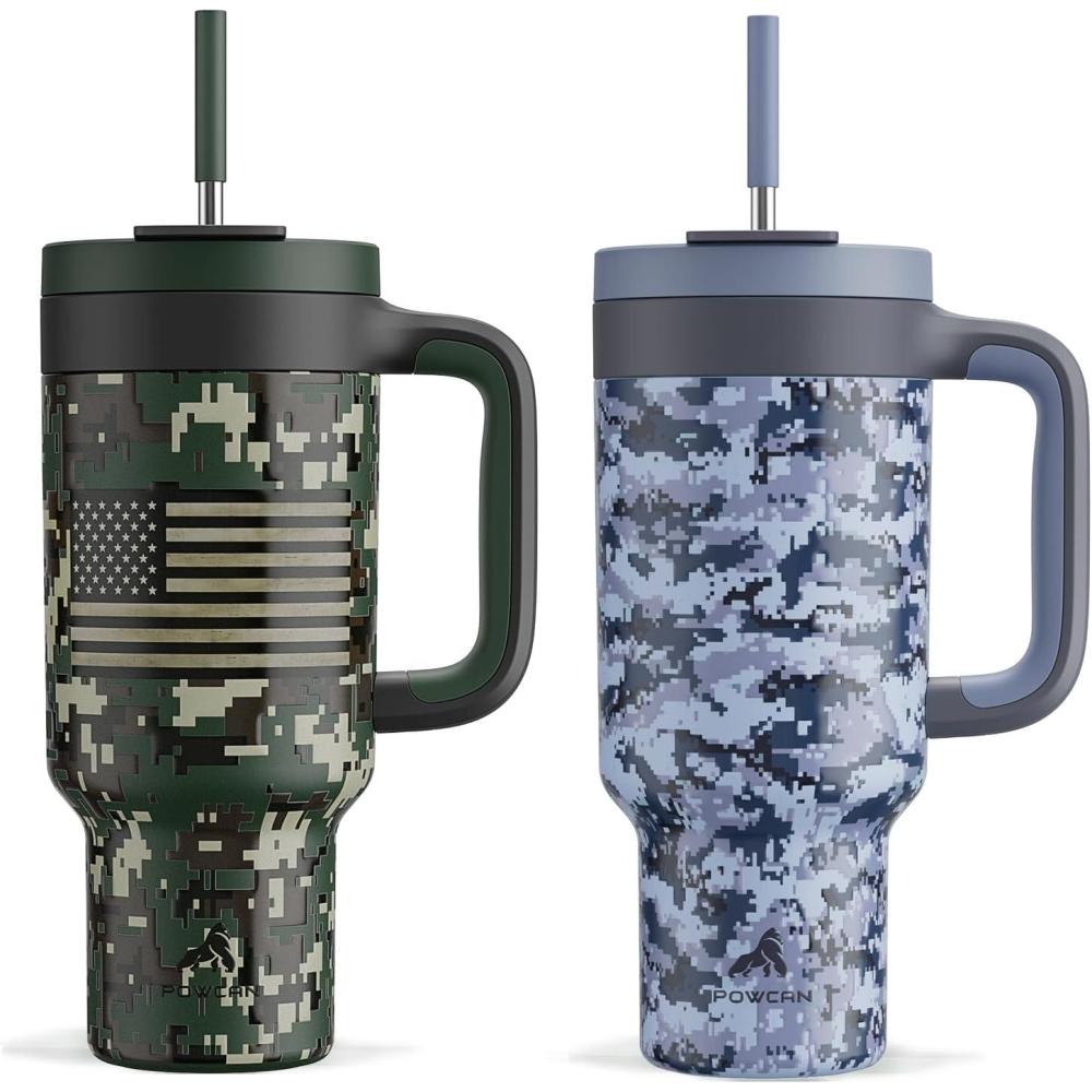 imagePOWCAN 40 oz Camo Tumbler with Handle 2in1 Straw and Sip Lid Leakproof Dishwasher Safe Insulated Travel Coffee Mug Keeps Cold for 34 Hours Fits in Car Cupholder Woodland Flag ampamp Navy Digital