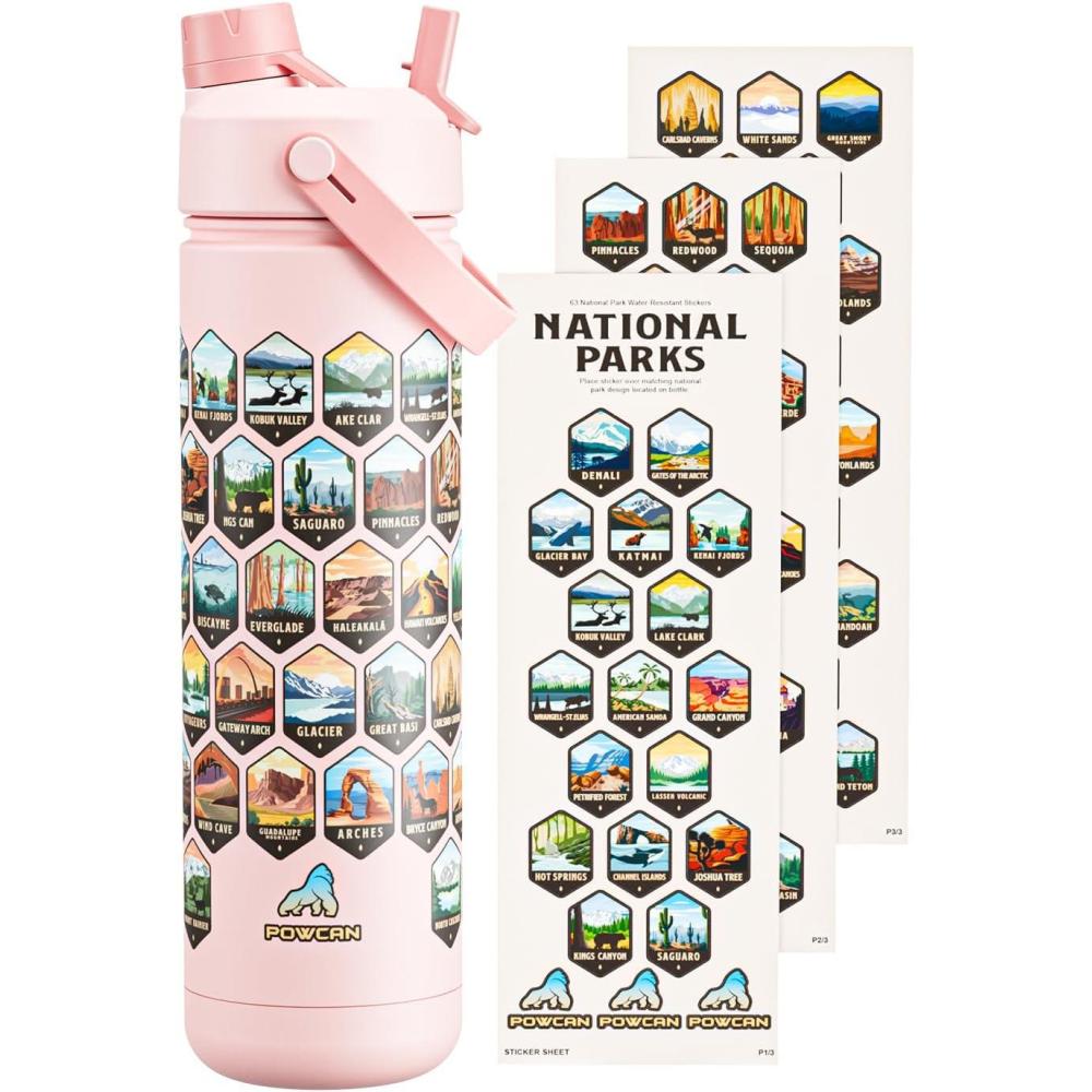 imagePOWCAN 40 oz Insulated Water Bottle with 2in1 Straw and Spout Lid Keep Cold 24H LeakProof BPAFree Double Wall Stainless Steel Water Bottle for Sports Gym Travel and School Be FreeNational Park  Pink