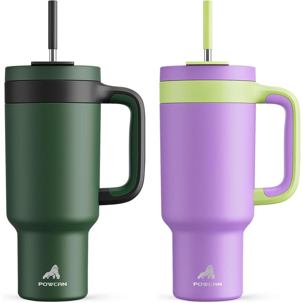imagePOWCAN 40 oz Tumbler with Handle 2 Pack 2in1 Straw ampamp Sip Lid Leakproof Dishwasher Safe Insulated Stainless Steel Coffee Mug Keeps Cold for 34 Hours Fits in Car Cup HolderForest ampamp Wisteria