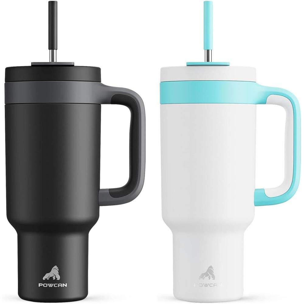 imagePOWCAN 40 oz Tumbler with Handle 2 Pack 2in1 Straw ampamp Sip Lid Leakproof Dishwasher Safe Insulated Stainless Steel Coffee Mug Keeps Cold for 34 Hours Fits in Car Cup HolderMight ampamp Glacier