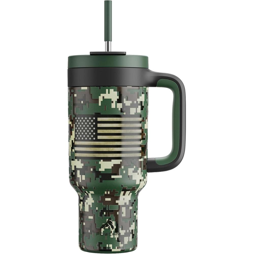 imagePOWCAN 40 oz Tumbler with Handle 2in1 Straw and Sip Lid Leakproof Dishwasher Safe Insulated Stainless Steel Travel Coffee Mug Keeps Cold for 34 Hours Fits in Car Cup Holder AgaveWoodland Flag