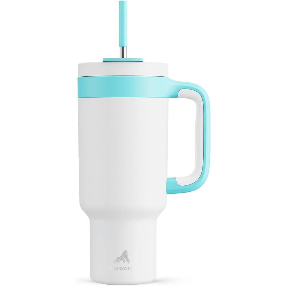 imagePOWCAN 40 oz Tumbler with Handle 2in1 Straw and Sip Lid Leakproof Dishwasher Safe Insulated Stainless Steel Travel Coffee Mug Keeps Cold for 34 Hours Fits in Car Cup Holder AgaveGlacier