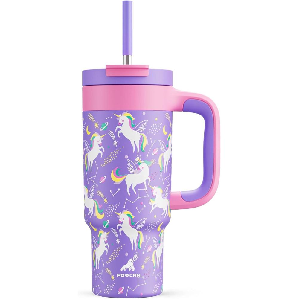 imagePOWCAN 40 oz Tumbler with Handle 2in1 Straw and Sip Lid Leakproof Dishwasher Safe Insulated Stainless Steel Travel Coffee Mug Keeps Cold for 34 Hours Fits in Car Cup Holder AgaveStarlight Unicorn