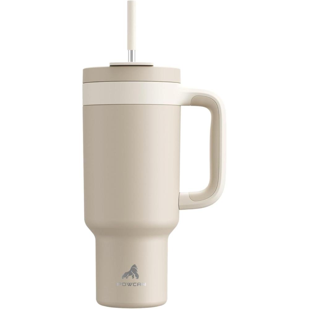 imagePOWCAN 40 oz Tumbler with Handle 2in1 Straw and Sip Lid Leakproof Dishwasher Safe Insulated Stainless Steel Travel Coffee Mug Keeps Cold for 34 Hours Fits in Car Cup Holder AgaveOat