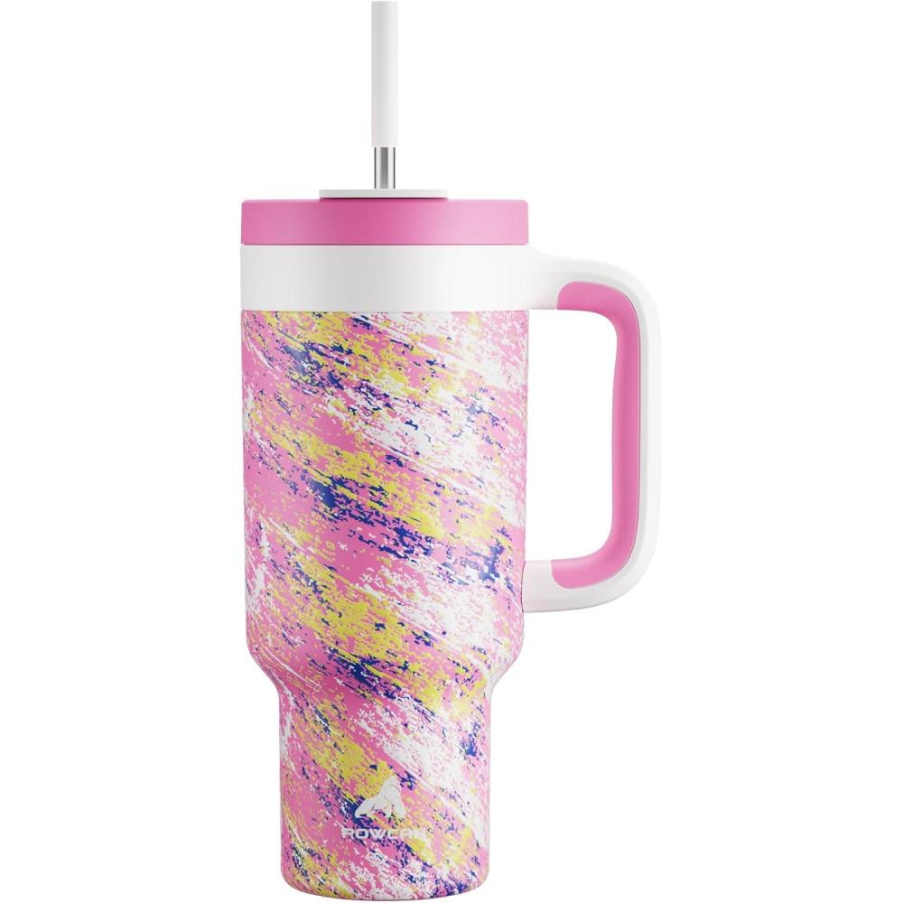 imagePOWCAN 40 oz Tumbler with Handle 2in1 Straw and Sip Lid Leakproof Dishwasher Safe Insulated Stainless Steel Travel Coffee Mug Keeps Cold for 34 Hours Fits in Car Cup Holder AgavePink Ladies