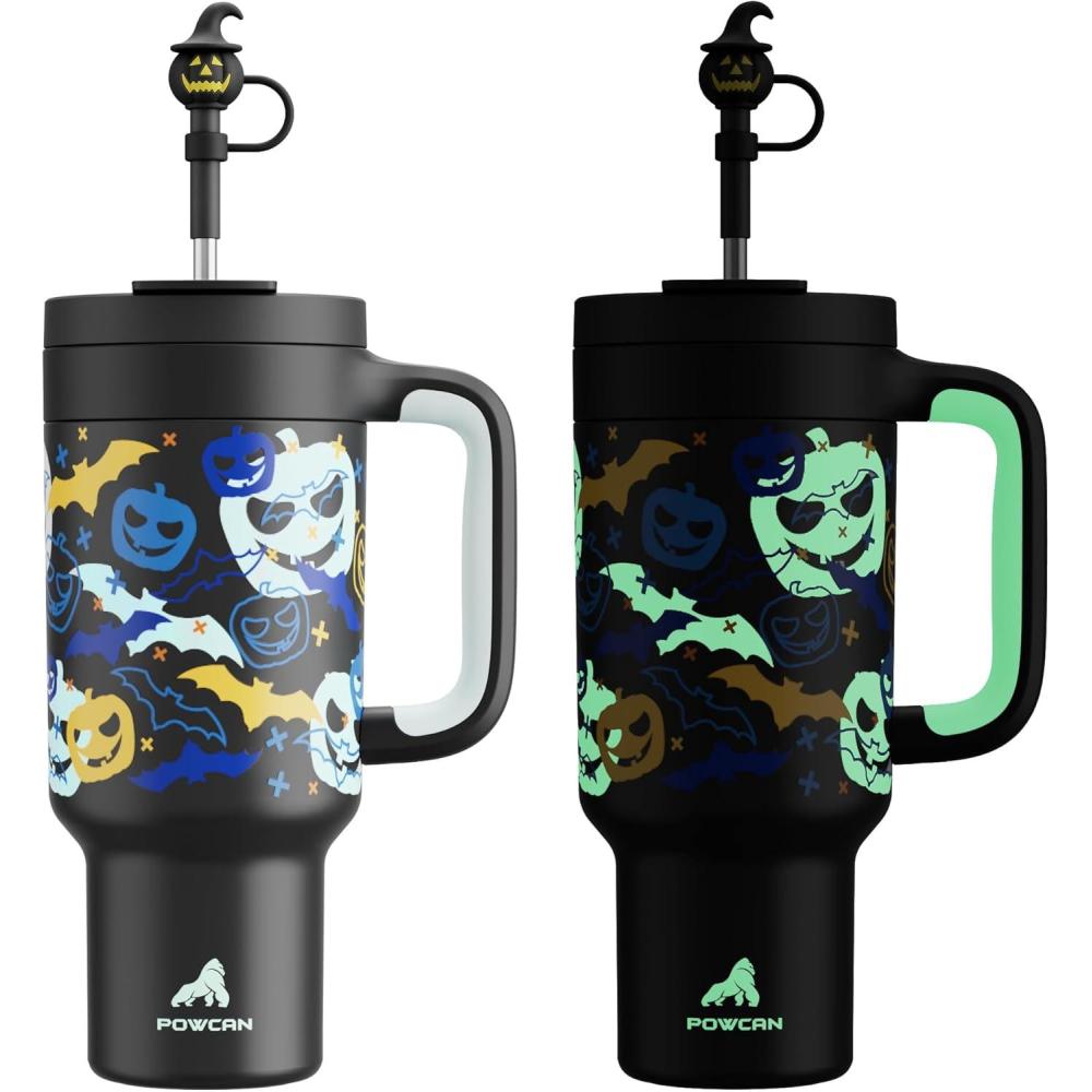imagePOWCAN 40oz Halloween Tumbler with Handle GlowintheDark 2in1 Straw Lid Leakproof Insulated Stainless Steel Travel Coffee Mug Keeps Cold for 34 Hours Fits in Car Cup Holder Glowing Pumpkin