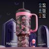 imagePOWCAN 40 oz Halloween Tumbler with Handle 2in1 Straw Lid Leakproof Dishwasher Safe Insulated Stainless Steel Travel Coffee Mug Keeps Cold for 34 Hours Fits in Car Cup Holder Floral Skull