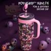 imagePOWCAN 40 oz Halloween Tumbler with Handle 2in1 Straw Lid Leakproof Dishwasher Safe Insulated Stainless Steel Travel Coffee Mug Keeps Cold for 34 Hours Fits in Car Cup Holder Floral Skull