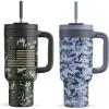 imagePOWCAN 40 oz Camo Tumbler with Handle 2in1 Straw and Sip Lid Leakproof Dishwasher Safe Insulated Travel Coffee Mug Keeps Cold for 34 Hours Fits in Car Cupholder Woodland Flag ampamp Navy Digital