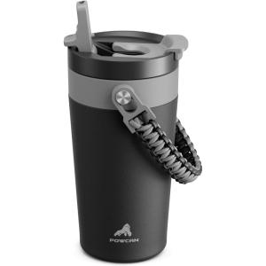 image16 oz Insulated Coffee Mug for Work 2in1 Straw Flip Lid Keep Cold 24H Fit in Car Cupholder Leakproof Stainless Steel Coffee Tumbler with Handle for Travel Outdoor Camping and Gifts DeepseaMidnight