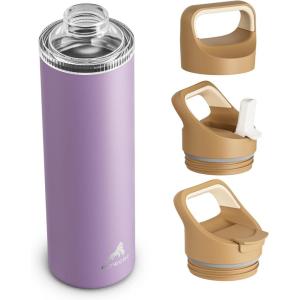 image24 oz Insulated Water Bottle for Sports 3 Lids Leakproof Keep Cold 24H Car Cupholder Friendly Stainless Steel Water Flask with Straw and Spout Caps for Gym School Work Cycling Midnight BlackVintage Lilac