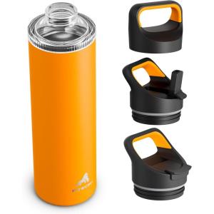 image24 oz Insulated Water Bottle for Sports 3 Lids Leakproof Keep Cold 24H Car Cupholder Friendly Stainless Steel Water Flask with Straw and Spout Caps for Gym School Work Cycling Midnight BlackZesty Orange