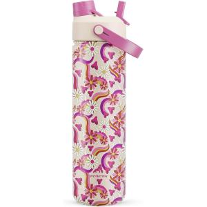 imagePOWCAN 26 oz Insulated Water Bottle with 2in1 Straw and Spout Lid Keep Cold 24H LeakProof Fits in Car Cup Holder Stainless Steel Water Bottle for Sports Travel and School Cotton CandyPetal Path