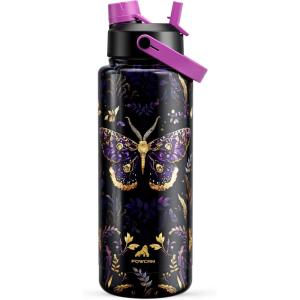 imagePOWCAN 26 oz Insulated Water Bottle with 2in1 Straw and Spout Lid Keep Cold 24H LeakProof Fits in Car Cup Holder Stainless Steel Water Bottle for Sports Travel and School Cotton CandyMonarch Butterfly